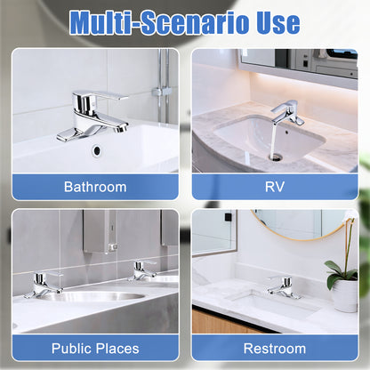 Collage of sink fixtures in different settings with labels for bathroom, RV, public places, and restroom.