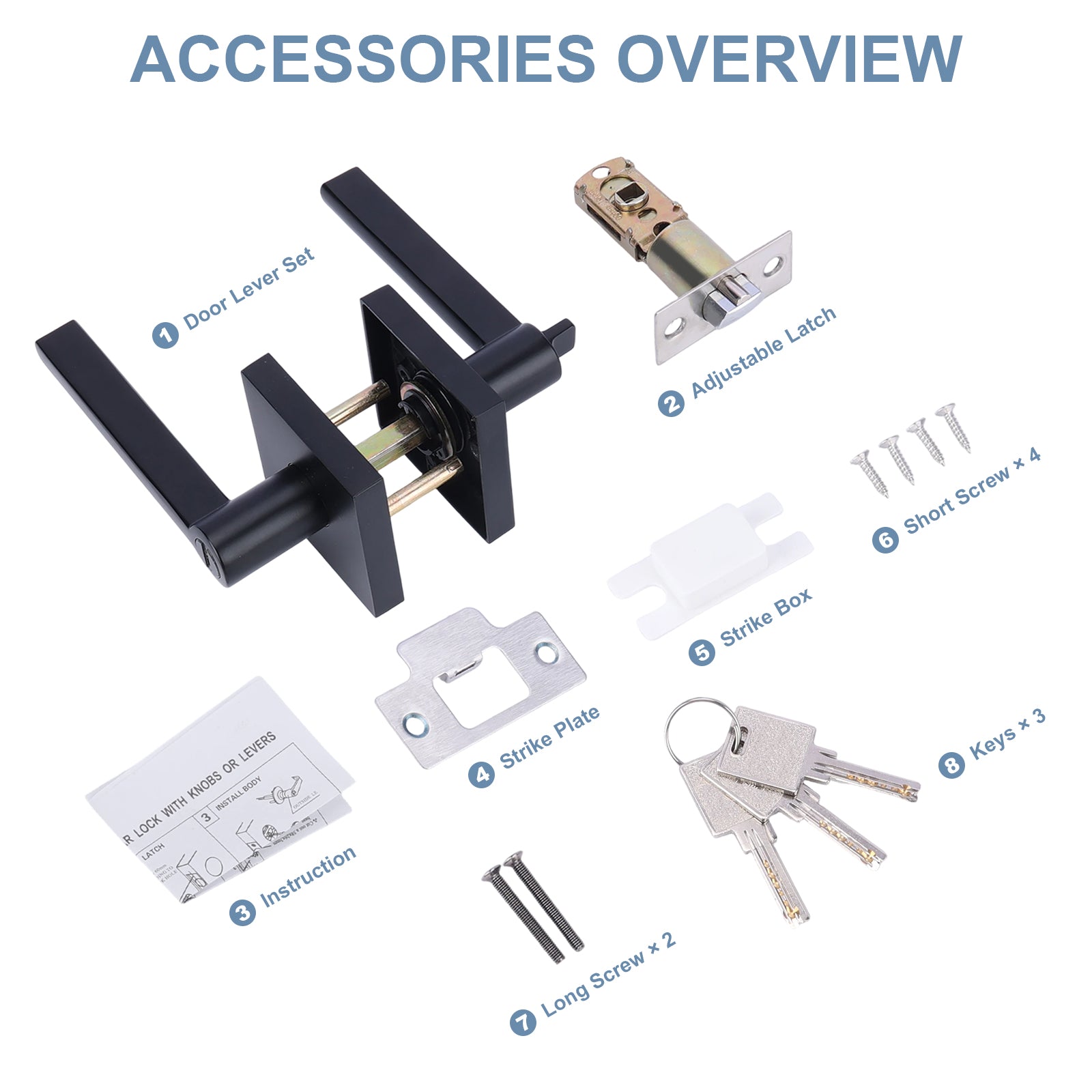 Door hardware accessories including a door lever set, adjustable latch, strike plate, strike box, screws, keys, and an instruction manual on a white background.