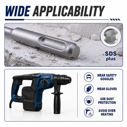 Promotional graphic for a cordless hammer drill with a metal attachment bit, showing the drill, a close-up of the bit, and safety icons. The top text reads 'WIDE APPLICABILITY' and 'SDS plus'.