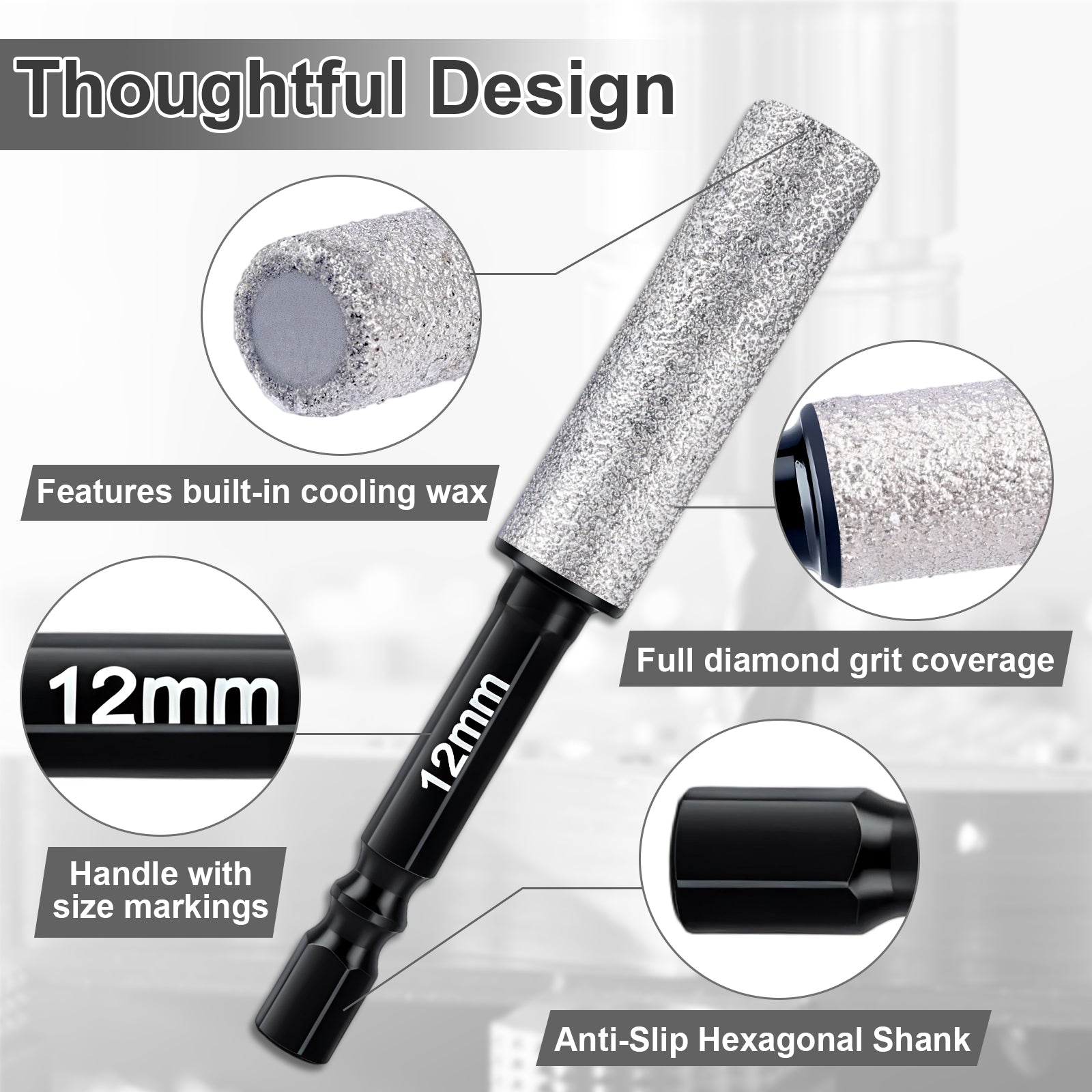 Diamond grit drill bit with features highlighted on a gray background