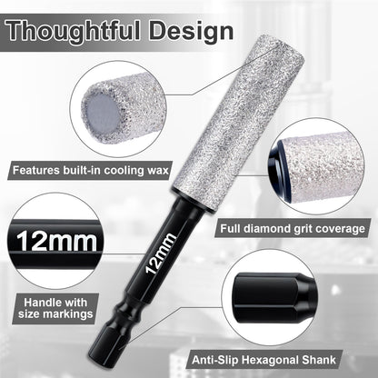 Diamond grit drill bit with features highlighted on a gray background