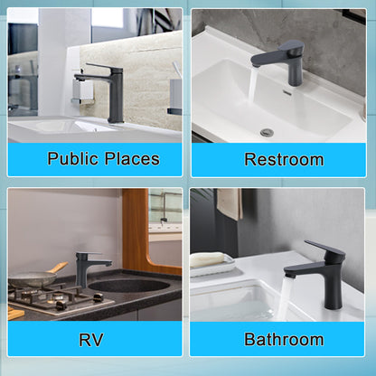 Black faucet displayed in various settings including a public place, restroom, RV, and bathroom.