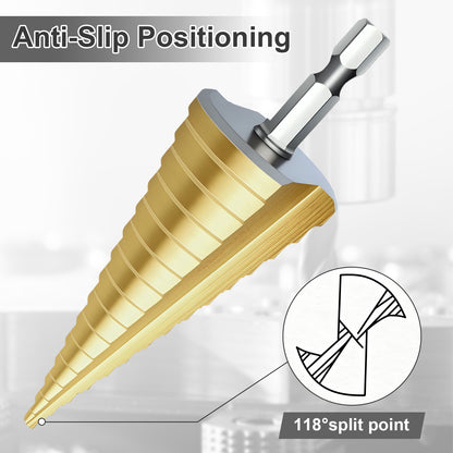 Drill bit with anti-slip positioning feature and 118-degree split point on a gray background.