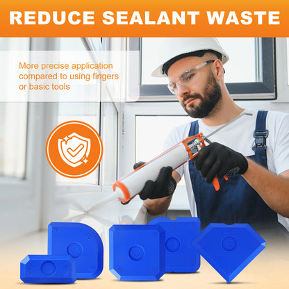 Person using a sealant gun with text about reducing sealant waste and improved application precision.
