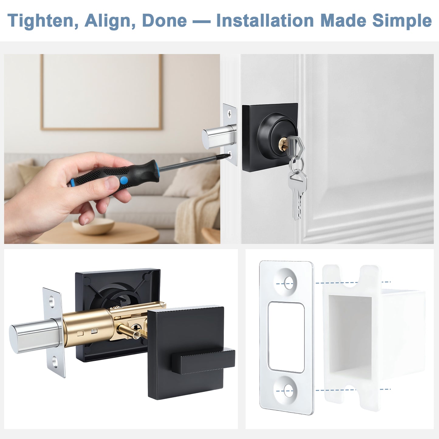 Door lock installation process with tools and hardware components.