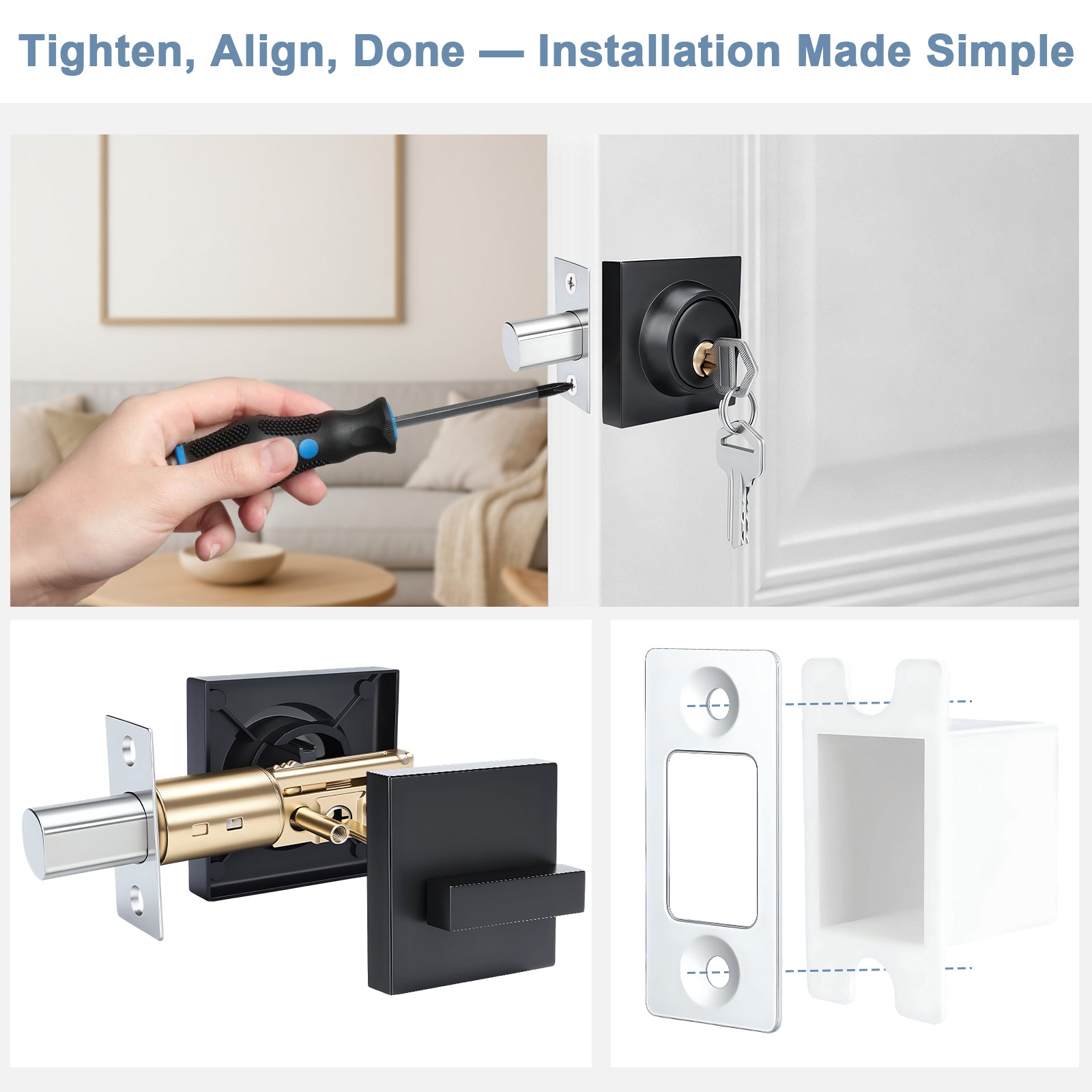 Door lock installation process with tools and hardware components.