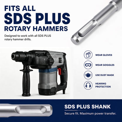 An SDS Plus shank accessory for rotary hammers, shown alongside a hammer drill and text highlighting compatibility with all SDS Plus rotary hammers and safety usage tips.