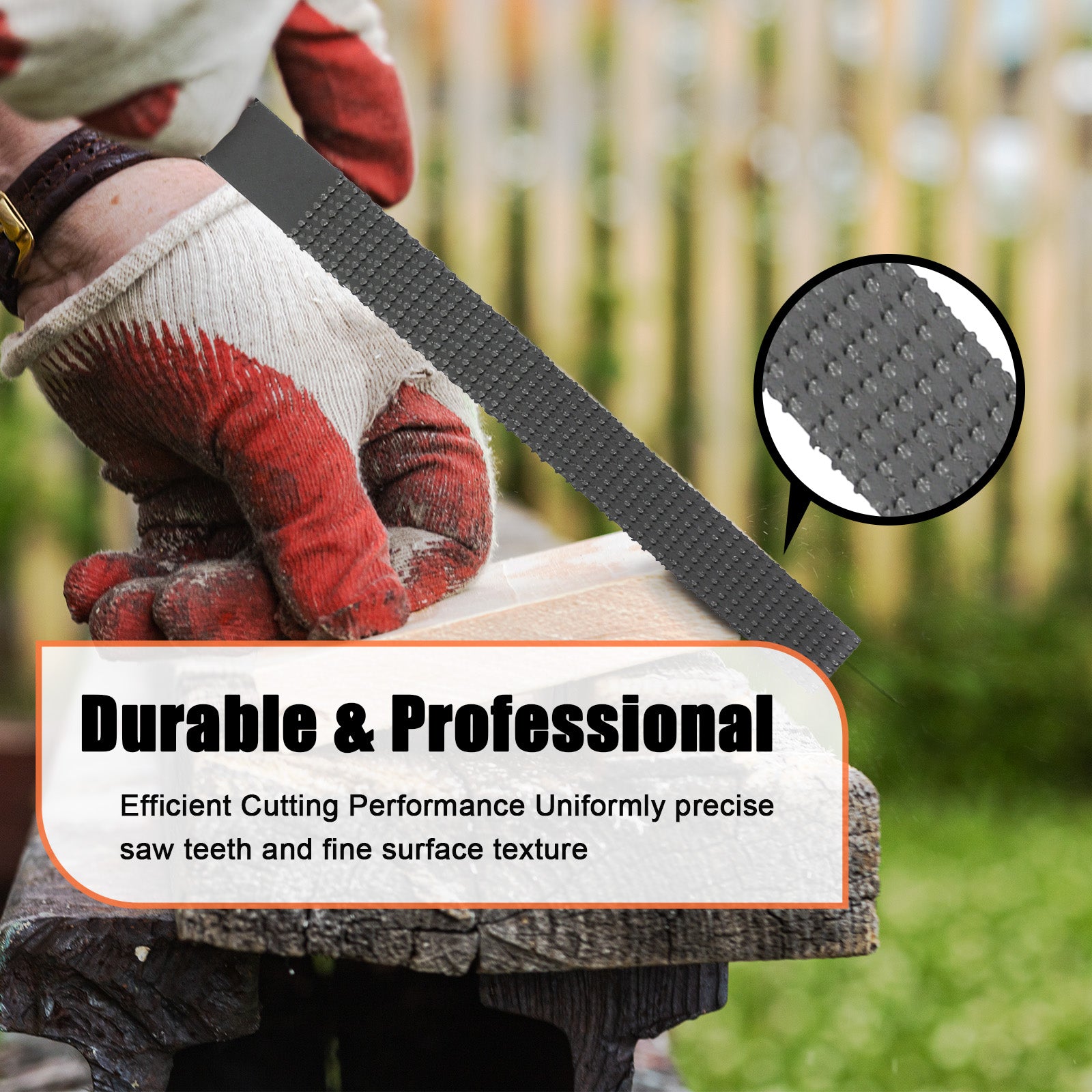 Person wearing red gloves using a saw with text highlighting durability and precision.