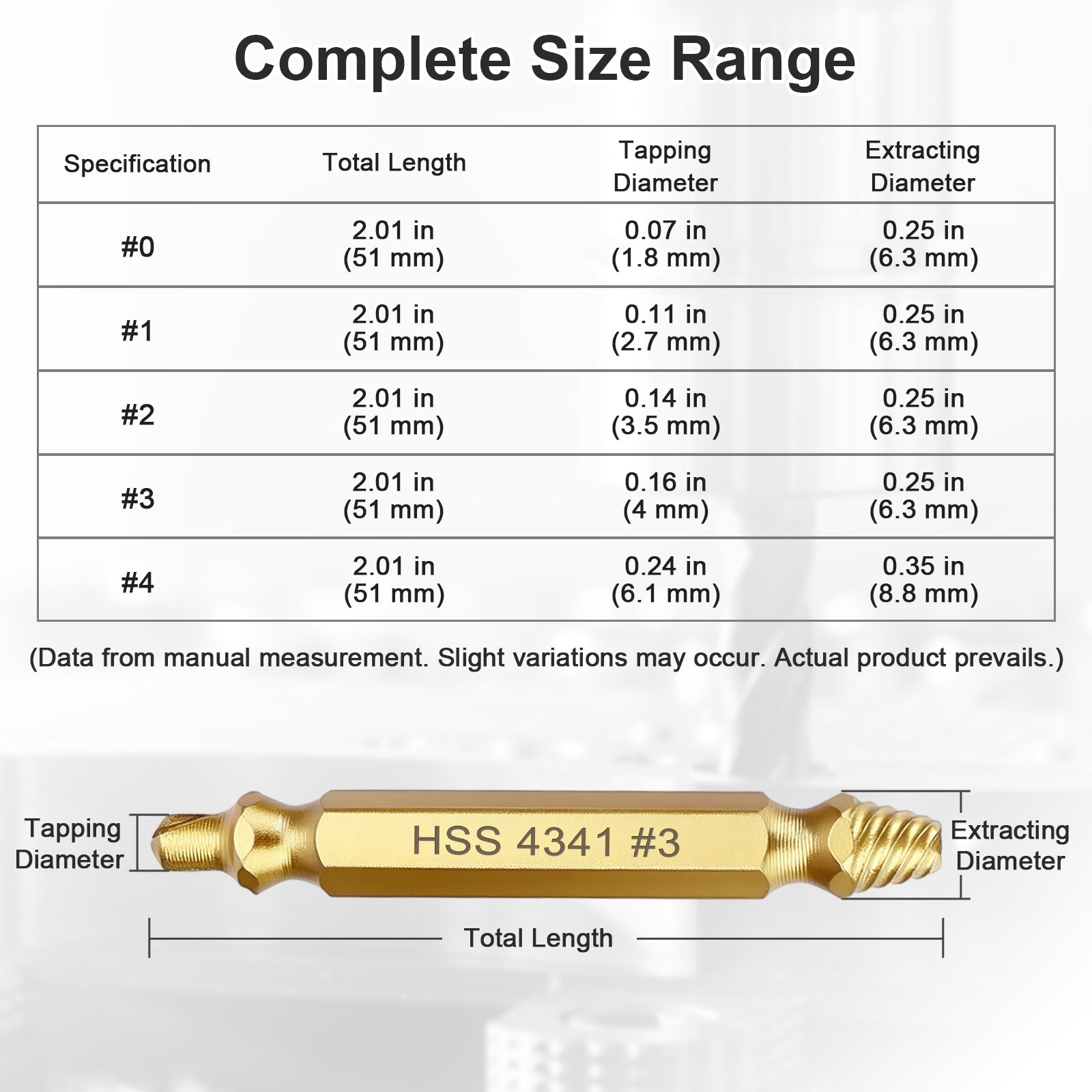 Screw Extractor Sizes: #0-#4, 51mm Length, 4341 HSS Titanium-Coated