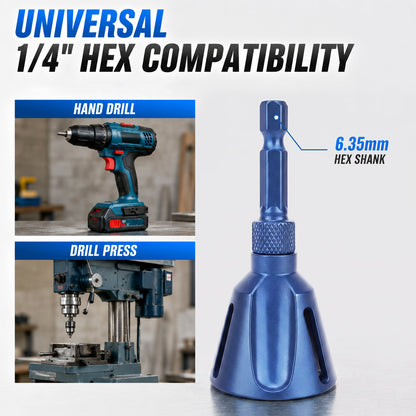 Blue 1/4 inch hex compatibility adapter tool shown on a light gray background, with text reading 'UNIVERSAL 1/4" HEX COMPATIBILITY' and inset photos of a cordless drill under 'HAND DRILL' and a drill press under 'DRILL PRESS'.