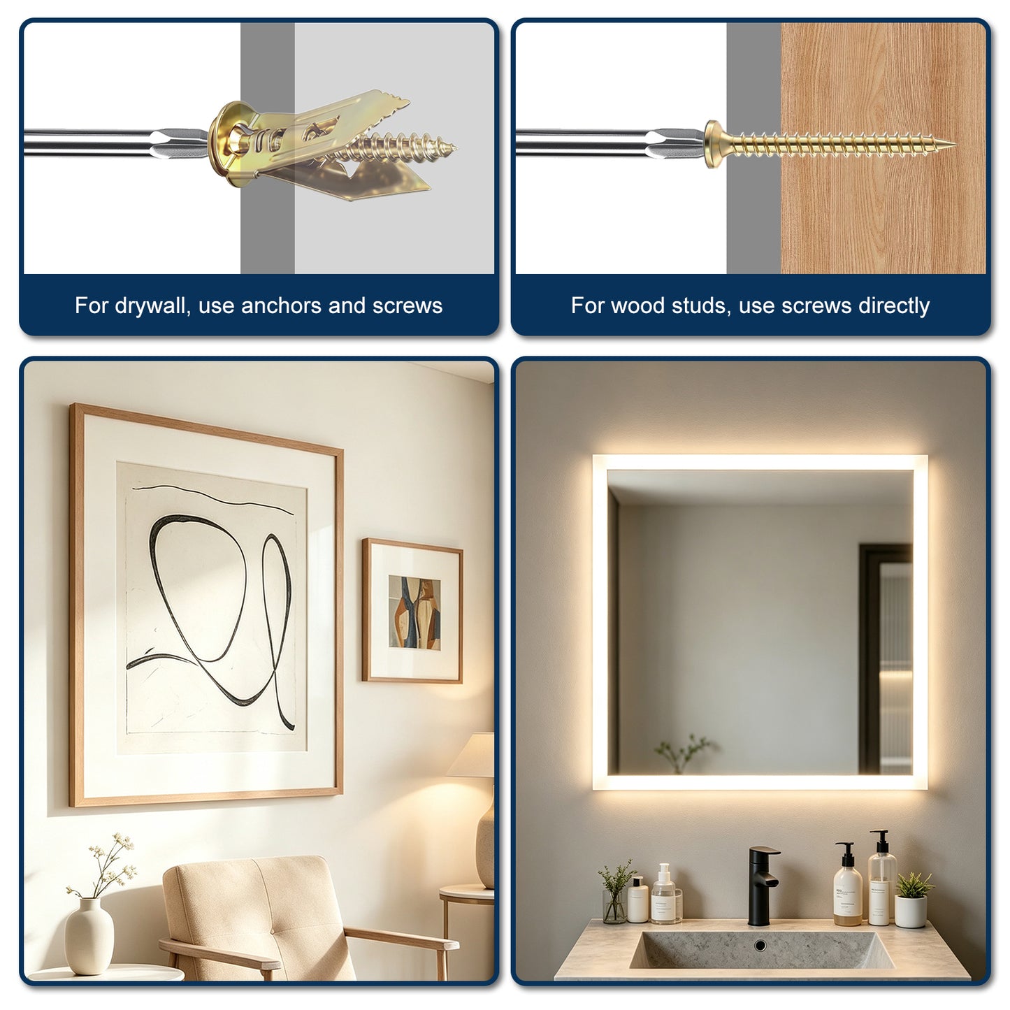A four-panel collage showing a wall-mounted LED lighted mirror and its installation details. The top-left panel shows brass anchors and screws for drywall, with text reading 'For drywall, use anchors and screws.