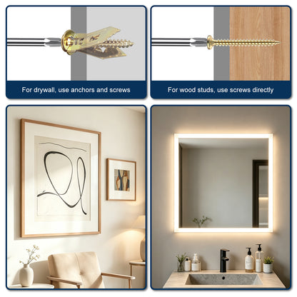 A four-panel collage showing a wall-mounted LED lighted mirror and its installation details. The top-left panel shows brass anchors and screws for drywall, with text reading 'For drywall, use anchors and screws.