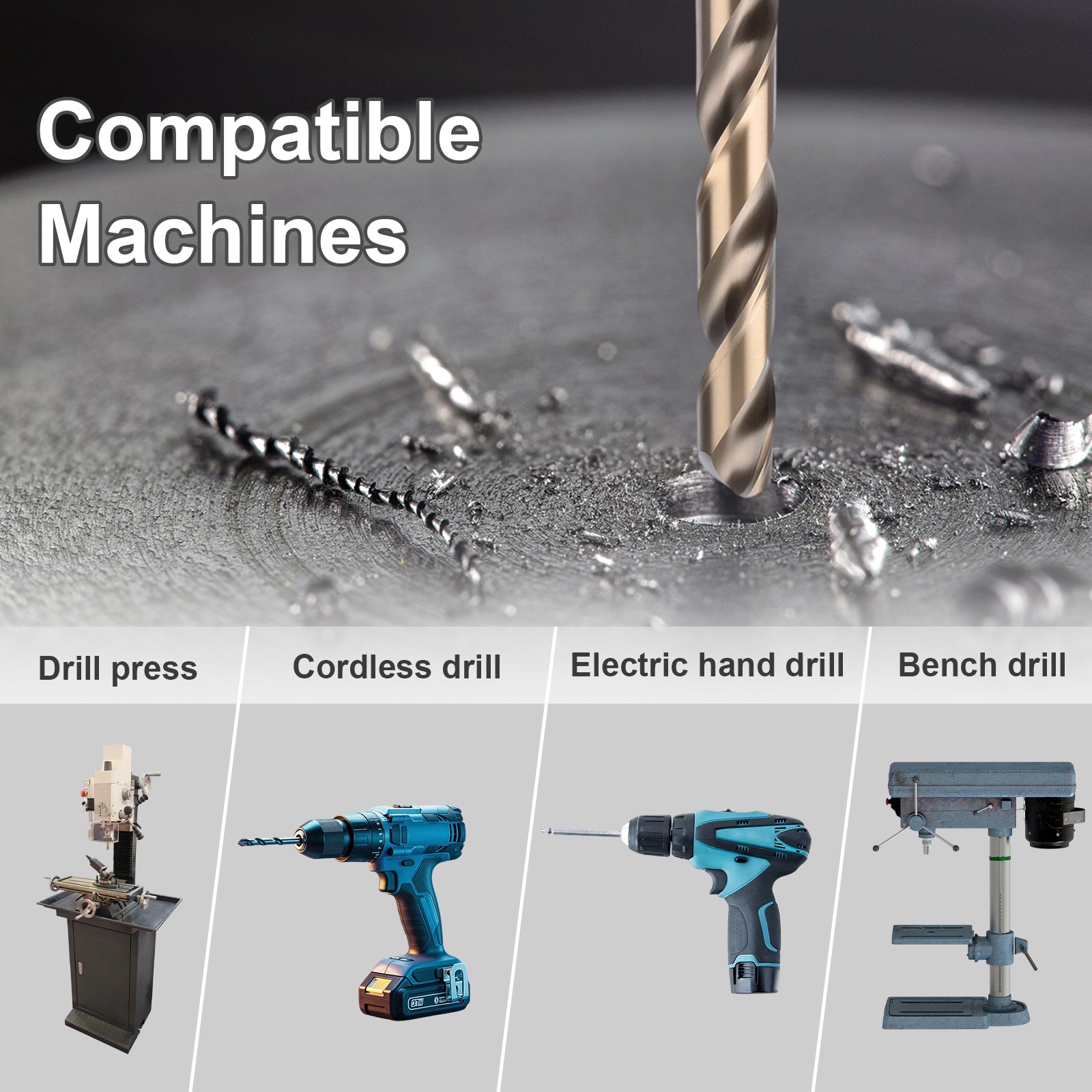 Drill bit on a metal surface with compatible machines displayed below.