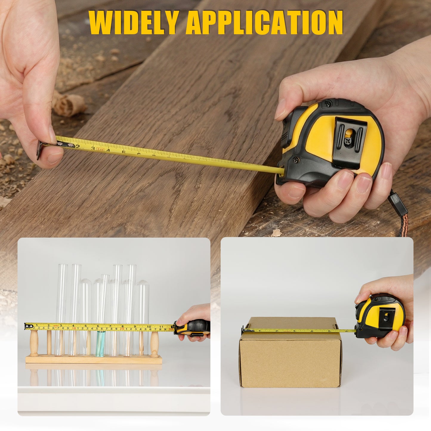 Person using a tape measure on wooden surfaces with text 'Widely Application'.