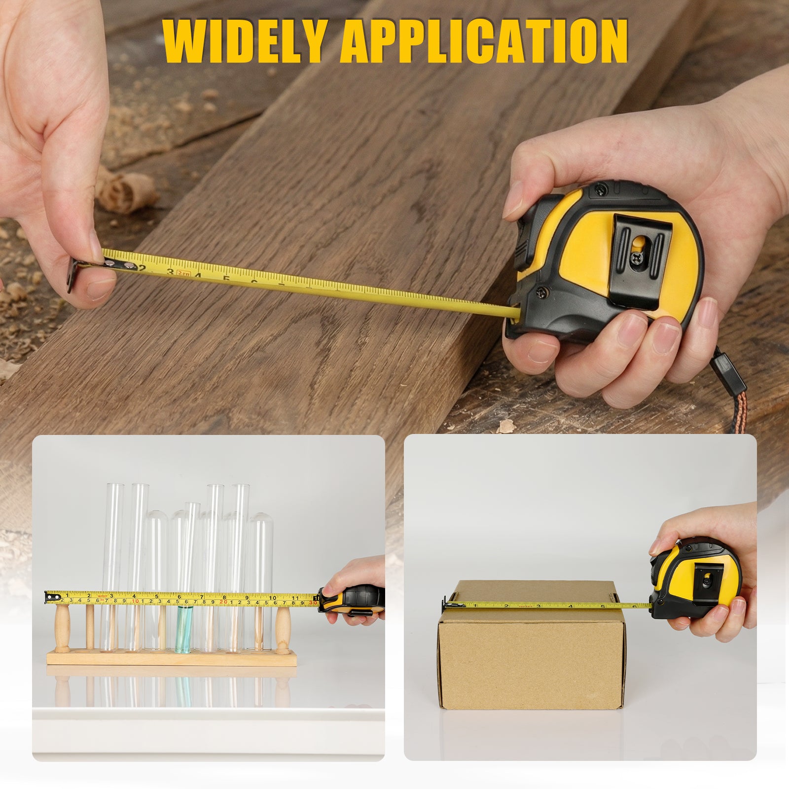 Person using a tape measure on wooden surfaces with text 'Widely Application'.