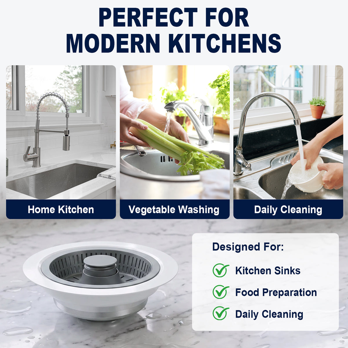 A kitchen sink drain strainer basket shown in a promotional graphic for modern kitchens. The image includes three lifestyle photos of sink use: a home kitchen faucet, vegetable washing, and daily cleaning.