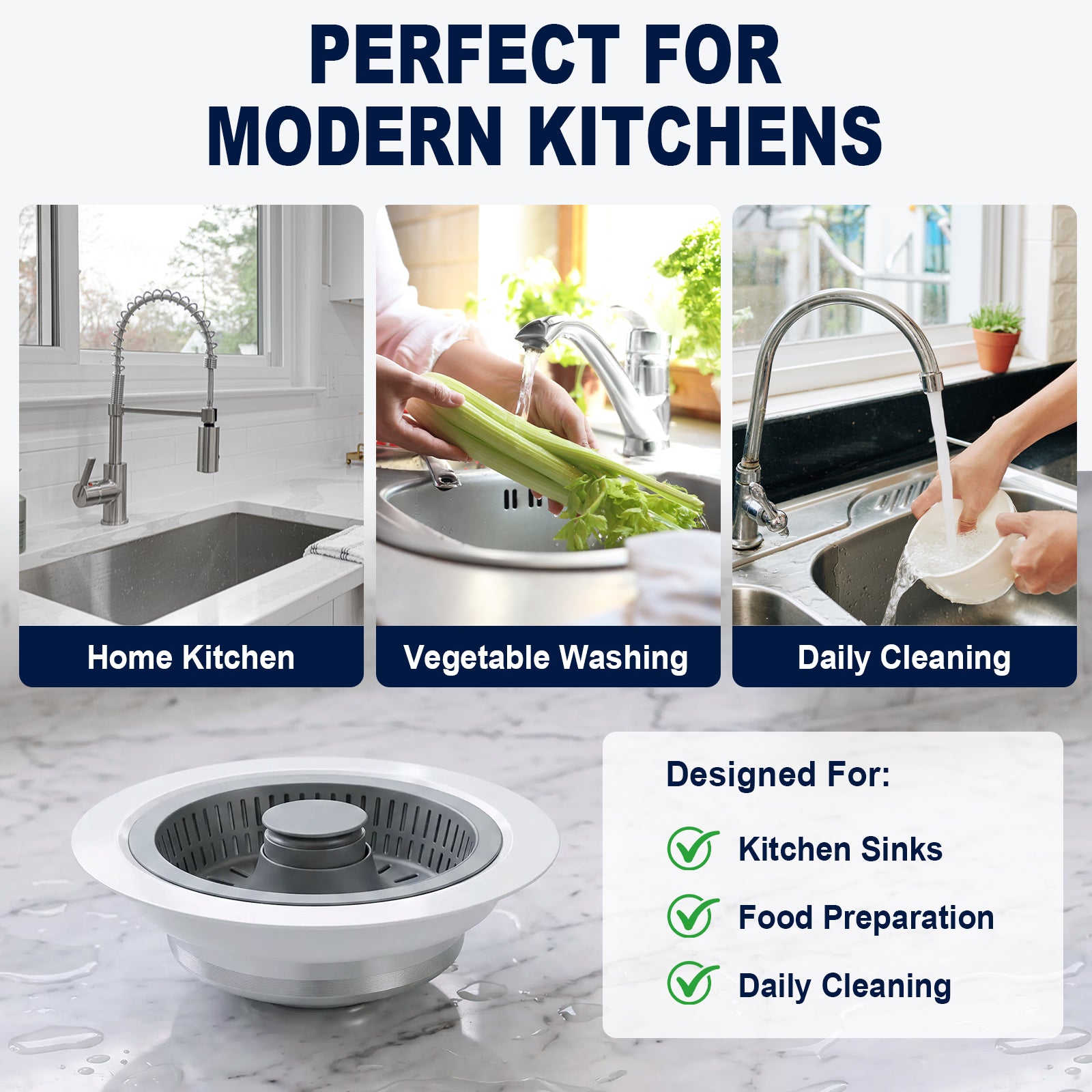A kitchen sink drain strainer basket shown in a promotional graphic for modern kitchens. The image includes three lifestyle photos of sink use: a home kitchen faucet, vegetable washing, and daily cleaning.