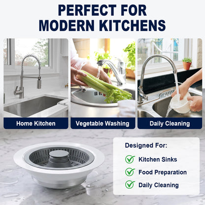 A kitchen sink drain strainer basket shown in a promotional graphic for modern kitchens. The image includes three lifestyle photos of sink use: a home kitchen faucet, vegetable washing, and daily cleaning.