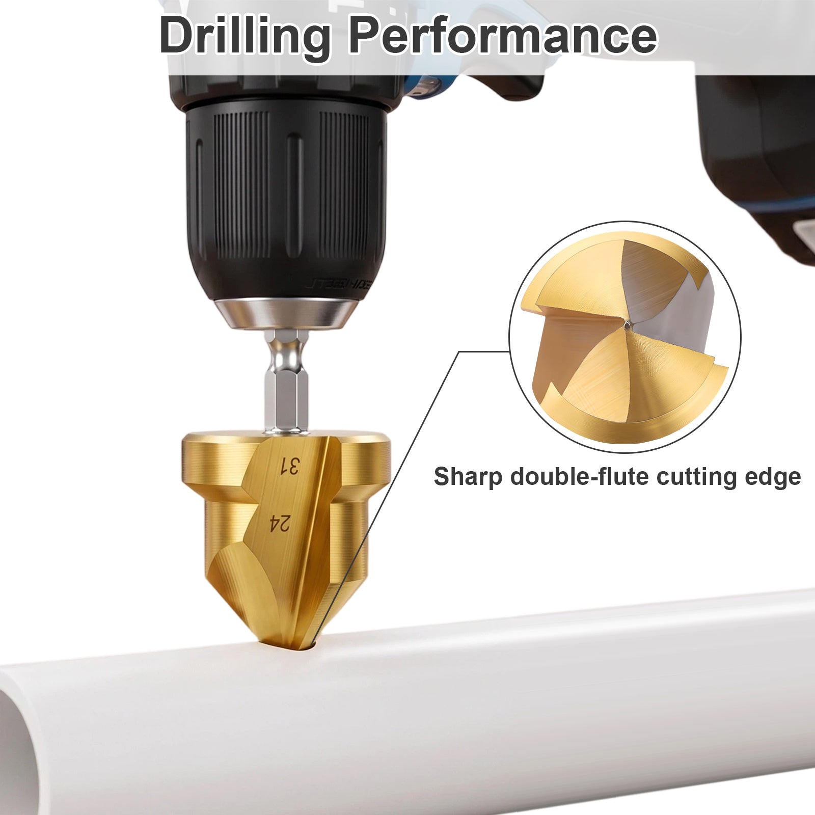 Drill bit with gold cutting edge drilling into a white pipe, highlighting 'Sharp double-flute cutting edge'.