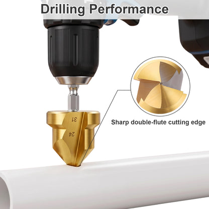 Drill bit with gold cutting edge drilling into a white pipe, highlighting 'Sharp double-flute cutting edge'.