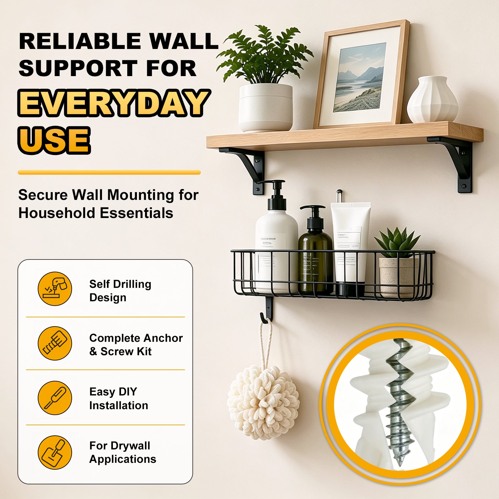 Black wire mesh wall basket shelf mounted on a beige wall, styled with toiletries, a framed picture, and a plant. The image includes marketing text, feature icons, and a circular inset showing the spiral anchor screw.