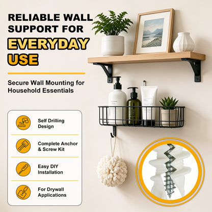 Black wire mesh wall basket shelf mounted on a beige wall, styled with toiletries, a framed picture, and a plant. The image includes marketing text, feature icons, and a circular inset showing the spiral anchor screw.