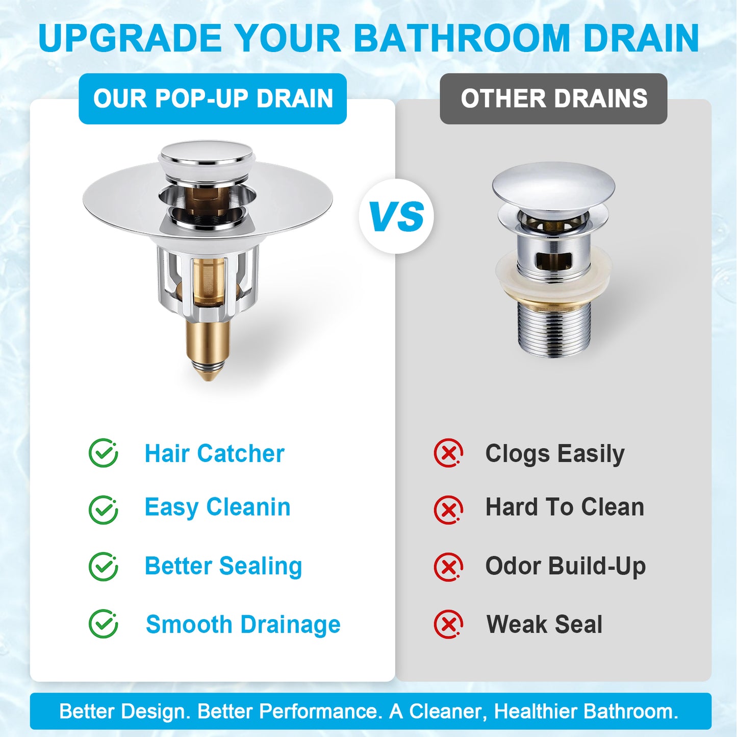 Promotional comparison graphic for a bathroom drain, showing a chrome pop-up drain on the left under the heading 'OUR POP-UP DRAIN' with benefits like hair catcher, easy cleaning, better sealing, and smooth drainage. The right side shows a generic other drain with red X marks for clogging, hard-to-clean, odor buildup, and weak seal.