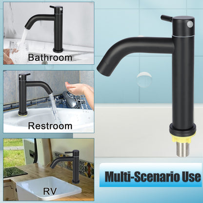 Stainless Steel Single Cold Bathroom Faucet, Black Curved Spout Basin Tap