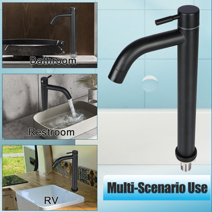 Black faucet displayed in various settings including a bathroom, restroom, and RV.