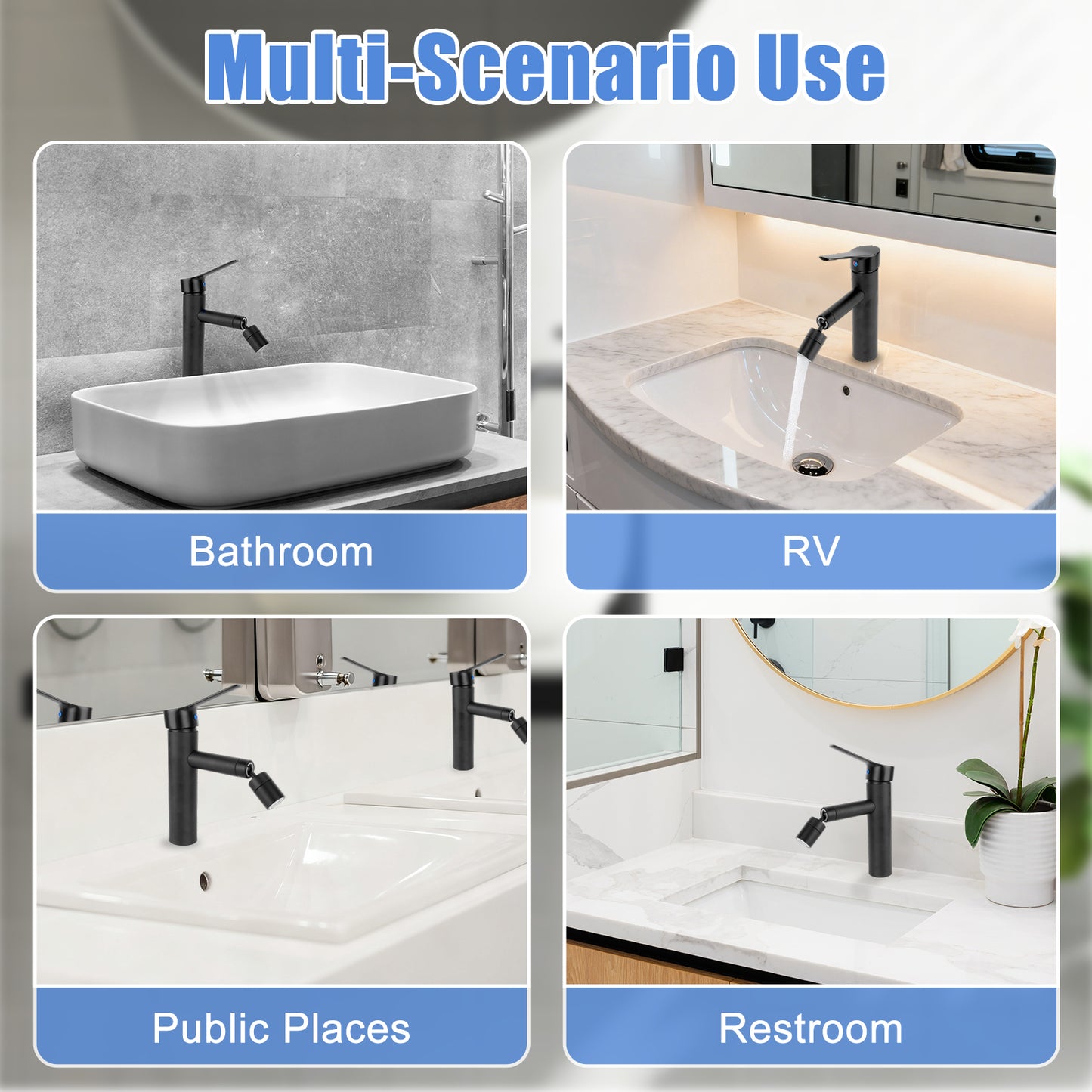 Collage of sinks in different settings with text indicating multi-scenario use.