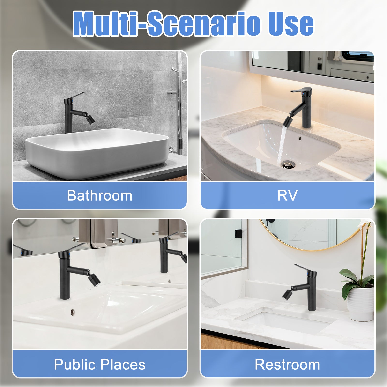Collage of sinks in different settings with text indicating multi-scenario use.