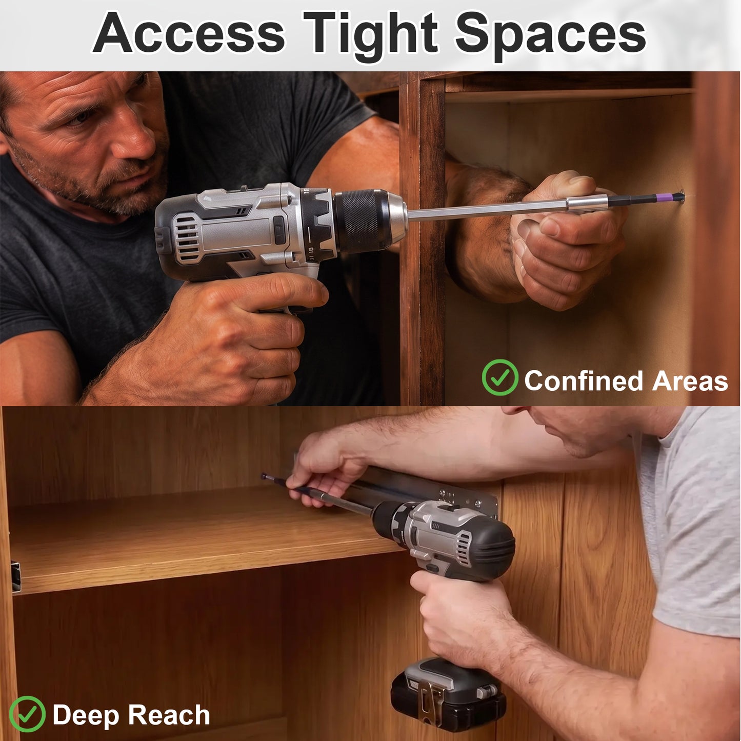 A split-panel demonstration showing a cordless screwdriver with an extended metal shaft being used to reach tight spaces inside a wooden cabinet. The top panel shows a man working in a confined cabinet area, and the bottom panel shows another man reaching deeper into a cabinet shelf.