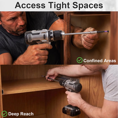 A split-panel demonstration showing a cordless screwdriver with an extended metal shaft being used to reach tight spaces inside a wooden cabinet. The top panel shows a man working in a confined cabinet area, and the bottom panel shows another man reaching deeper into a cabinet shelf.