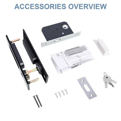 Door lock accessories including a black latch, white strike plate, and keys on a white background.
