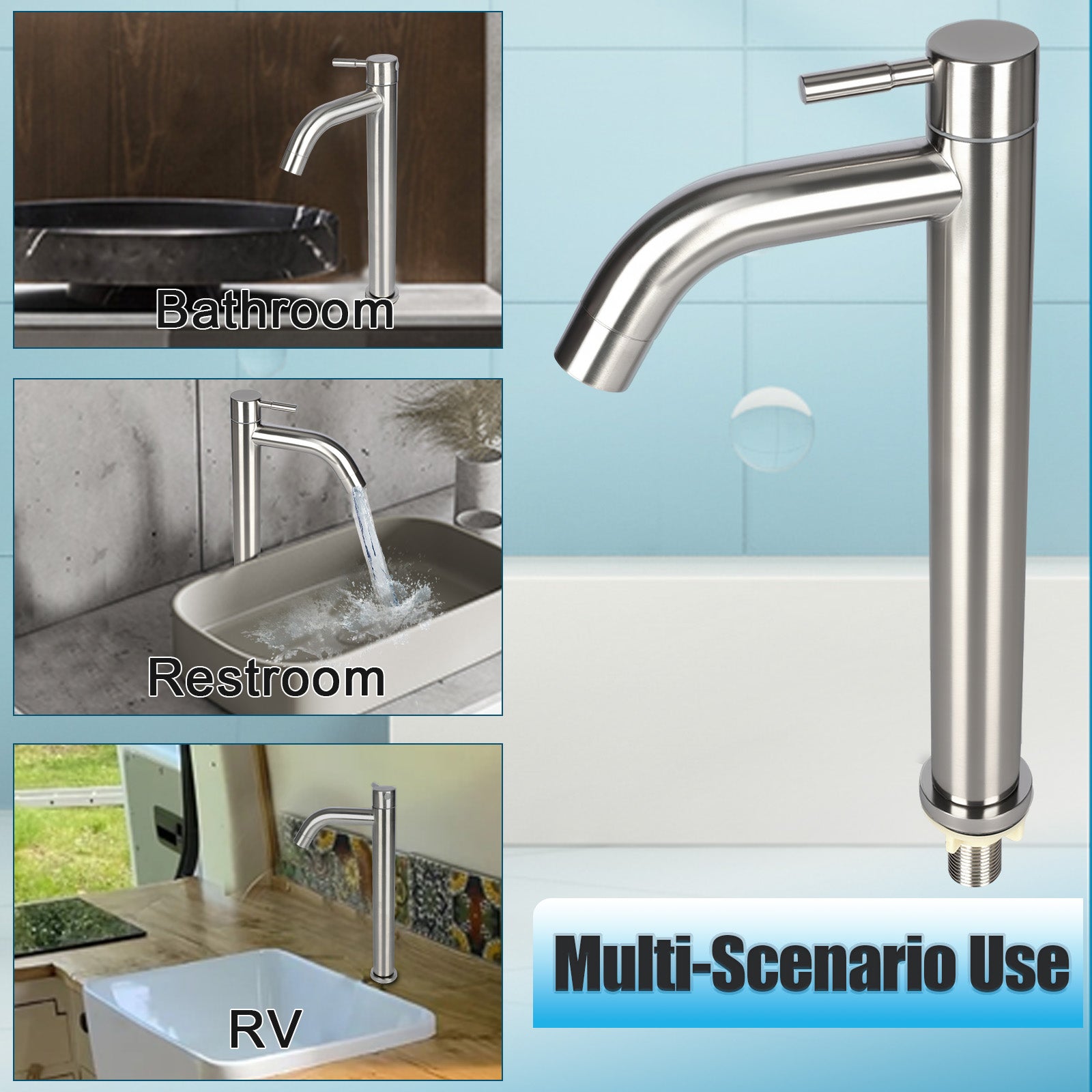 Stainless steel faucet with multi-scenario use text on a tiled background
