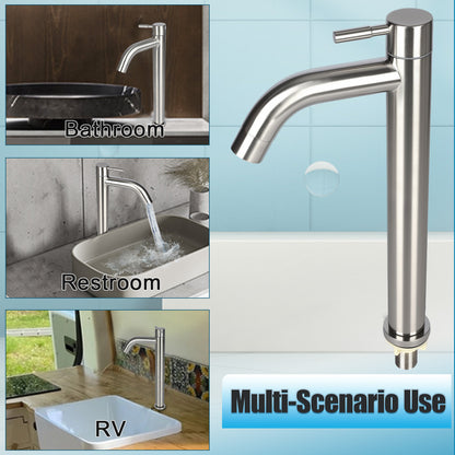 Stainless steel faucet with multi-scenario use text on a tiled background