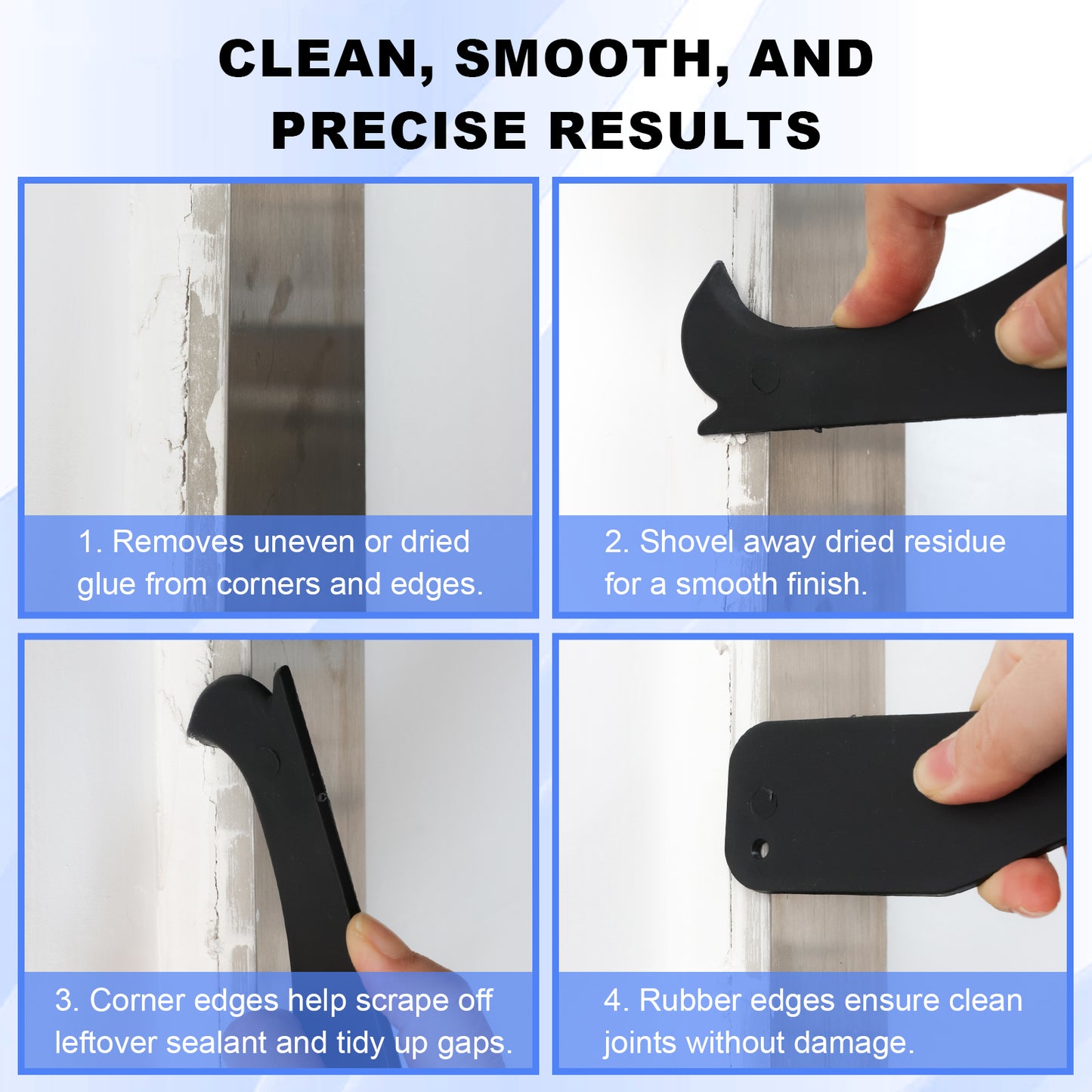 Product demonstration of a tool for cleaning, smoothing, and precise results with text instructions.