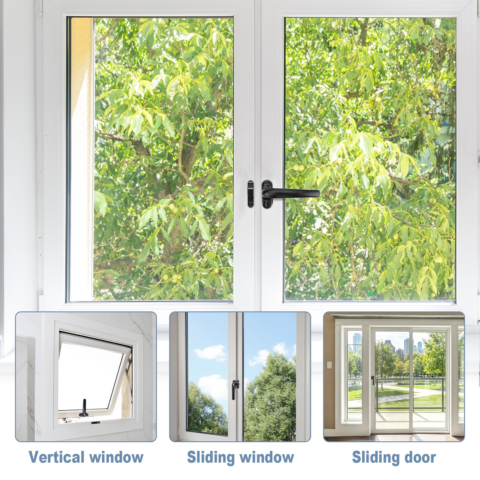 White uPVC double door and window system shown with three inset detail images at the bottom labeled Vertical window, Sliding window, and Sliding door, all set against a background of green trees.