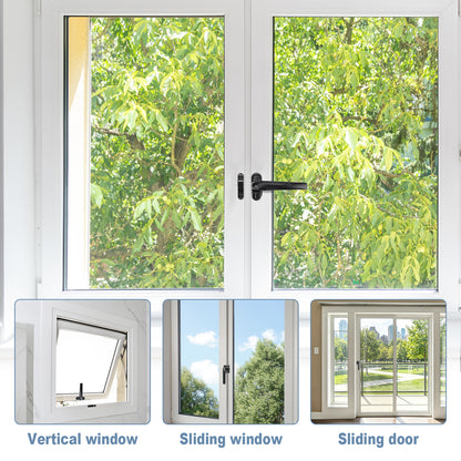 White uPVC double door and window system shown with three inset detail images at the bottom labeled Vertical window, Sliding window, and Sliding door, all set against a background of green trees.