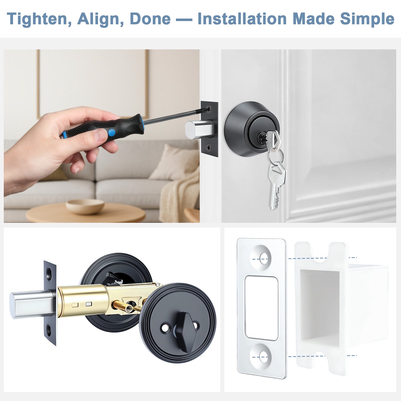 Door lock installation process with a screwdriver, door handle, and lock mechanism.