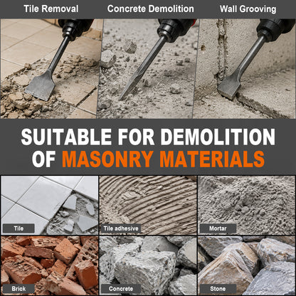 Promotional graphic for a demolition hammer attachment, showing six panels of the tool in use for tile removal, concrete demolition, wall grooving, plus close-ups of tile, adhesive, mortar, brick, concrete, and stone. Text reads 'SUITABLE FOR DEMOLITION OF MASONRY MATERIALS'.