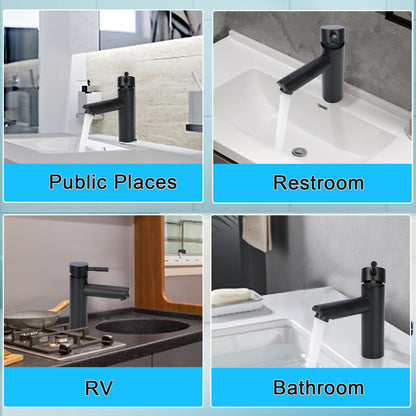Collage of black faucet in various settings with labels for public places, restroom, RV, and bathroom.