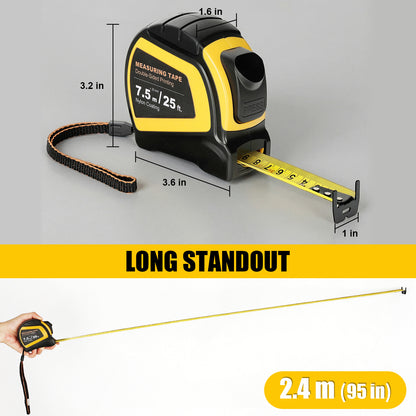 Yellow and black measuring tape with dimensions and a hand holding it, on a gray background.