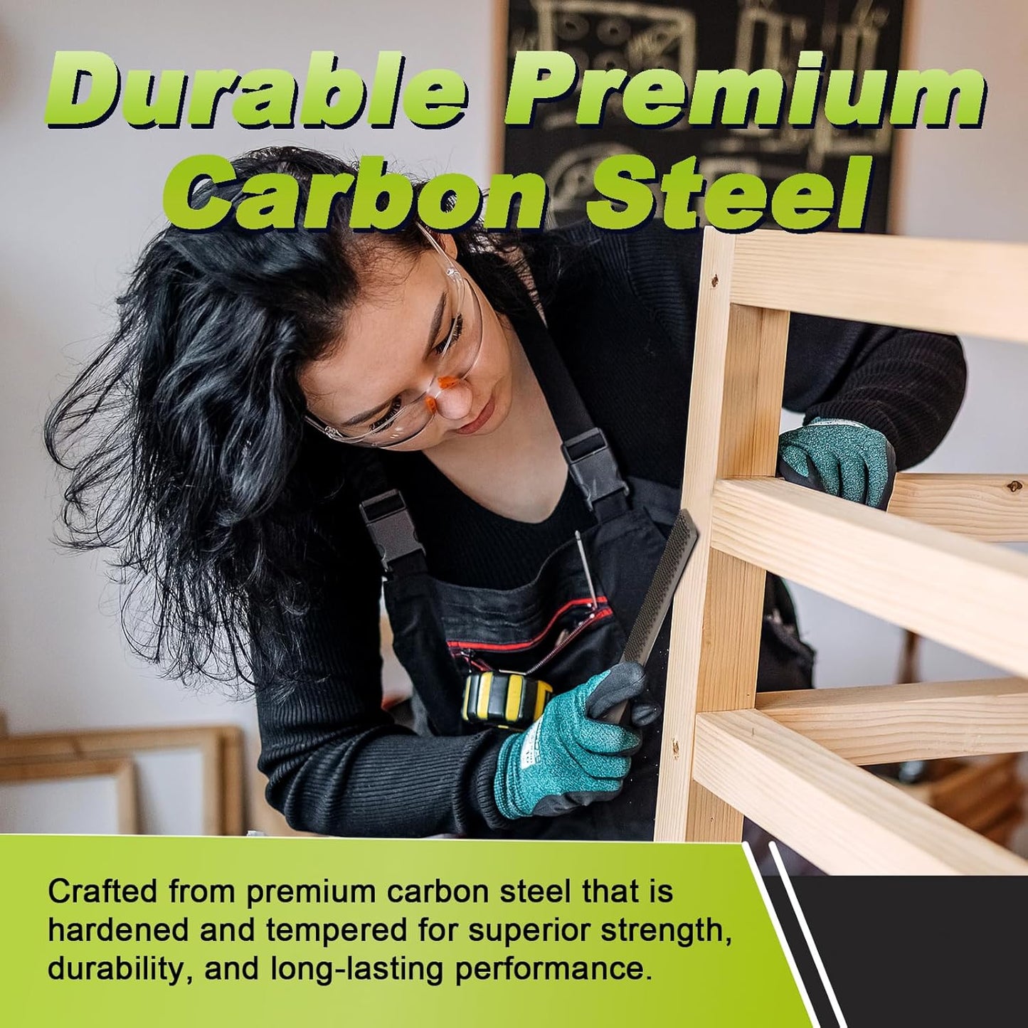 Person working on a wooden ladder with text about durable premium carbon steel.