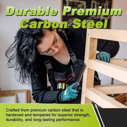 Person working on a wooden ladder with text about durable premium carbon steel.