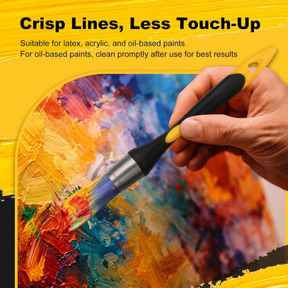 Hand holding a paintbrush over a colorful painting with text about paint types and touch-up.
