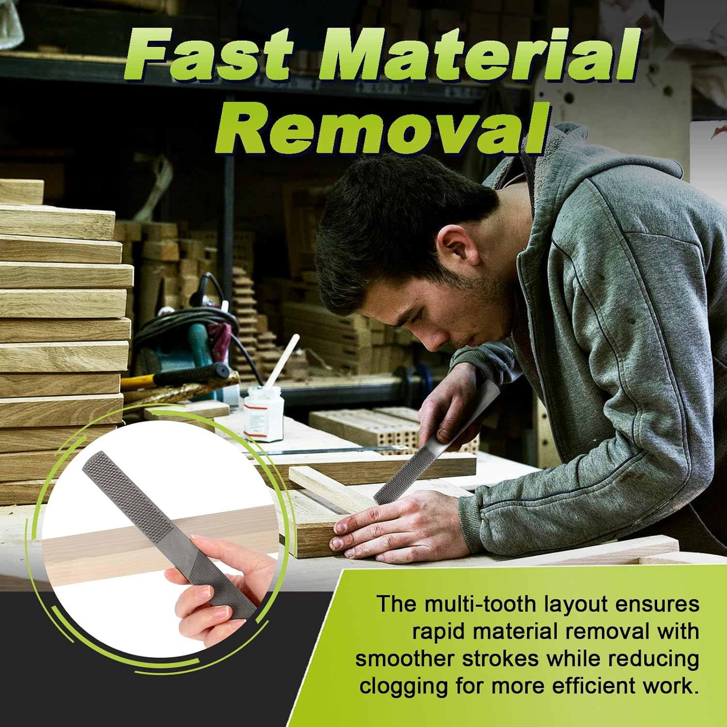 Person using a tool in a workshop with text about fast material removal.