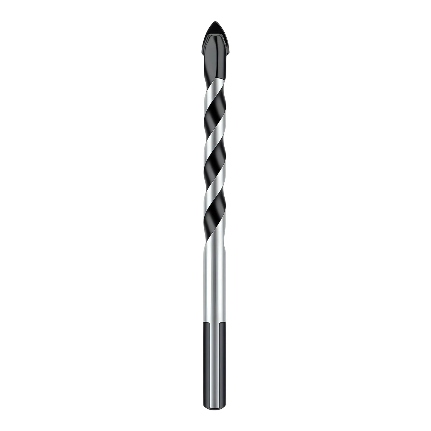 Drill bit with black and silver spiral design on a white background