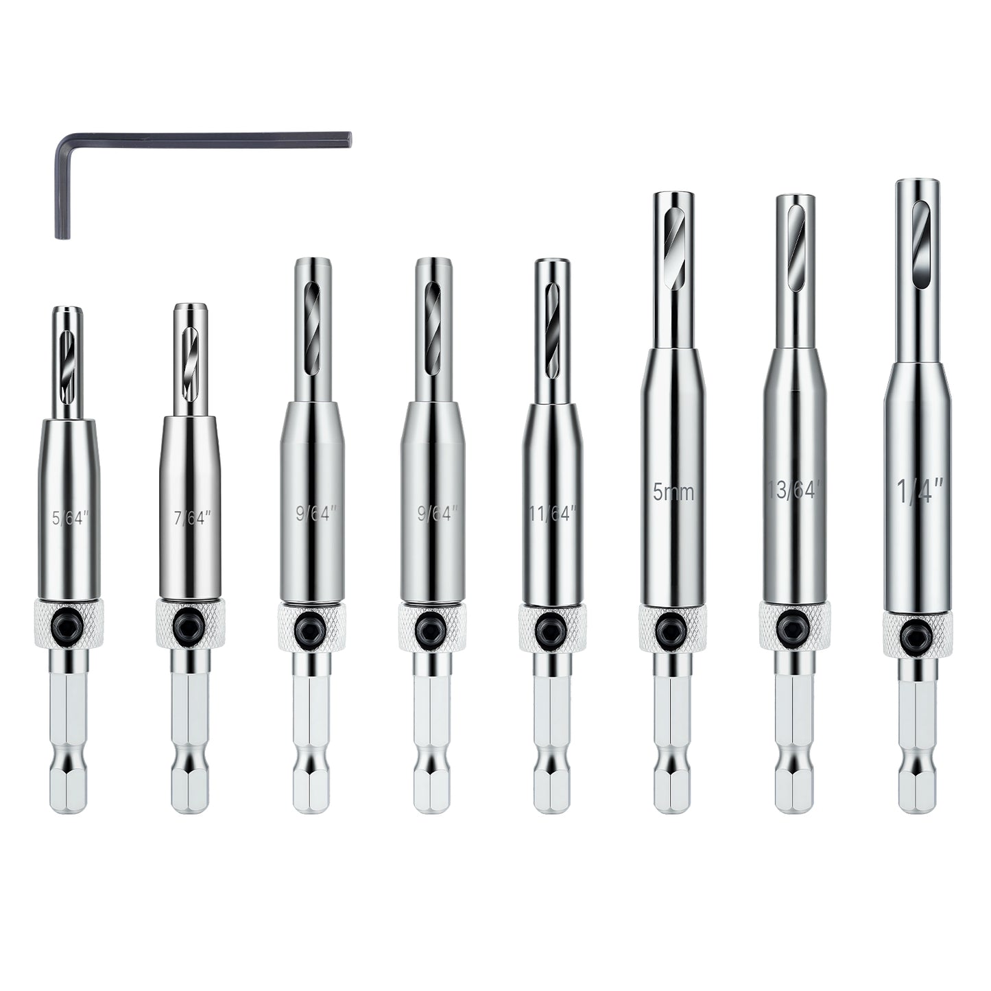 HSS self-centering drill bits 8-piece set with multiple sizes and 1/4 inch hex shank for wood plastic and soft metal drilling