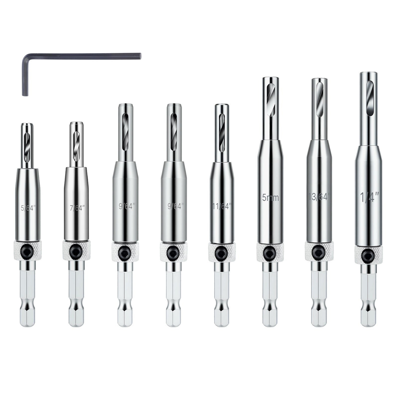 HSS self-centering drill bits 8-piece set with multiple sizes and 1/4 inch hex shank for wood plastic and soft metal drilling
